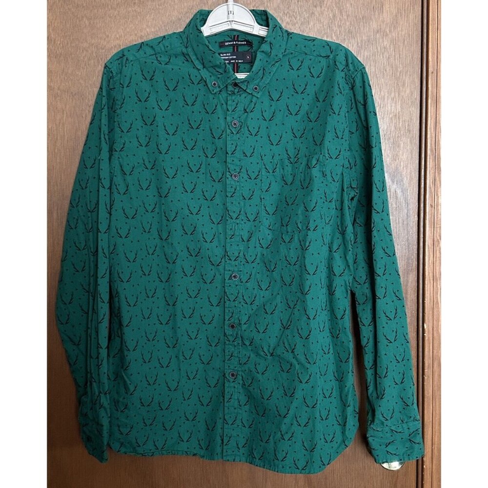 Denim & Flower Shirt Mens Large‎ Christmas Green Antlers Long Sleeve Slim Fit